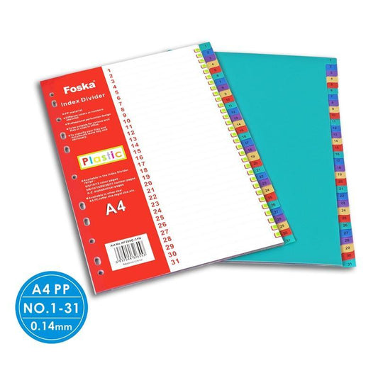 A4 Coloured Plastic 31 Part Tabbed Index Dividers - File